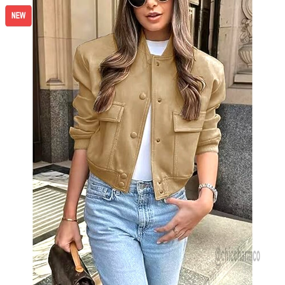 Cropped Bomber Jacket With Button Closure And Sid… - image 3